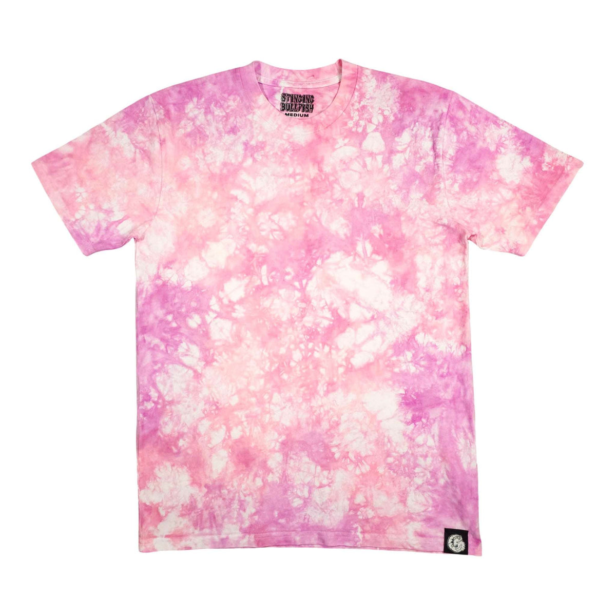 Pink tie-dye T-shirt with short sleeves, crew neck, and small chest logo patch.