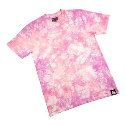 Pink tie-dye crewneck T-shirt with short sleeves; small logo at hem.