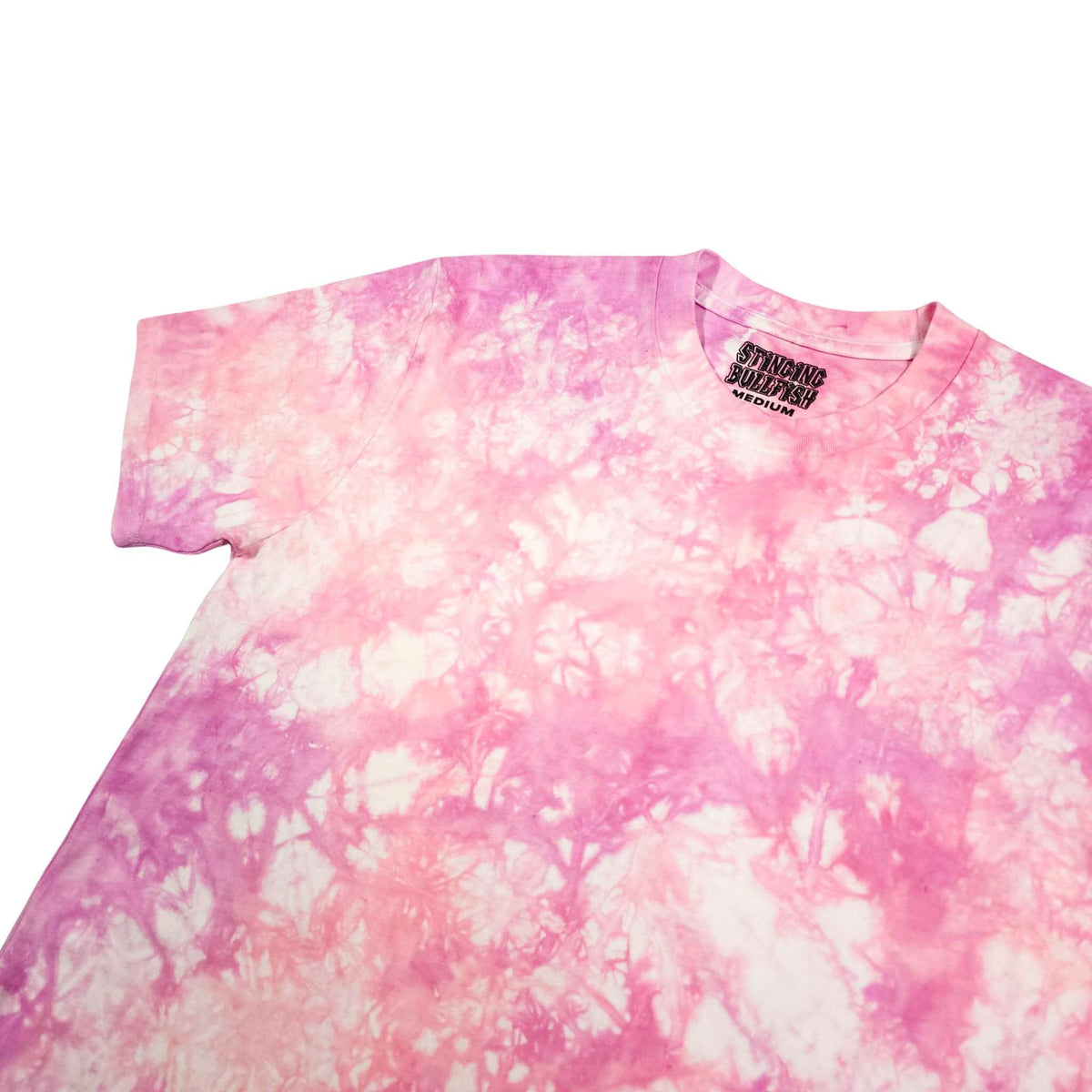 Pink tie-dye T-shirt shoulder and chest area, crew neck with printed logo.