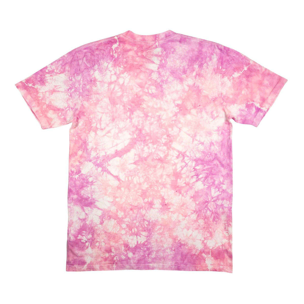 Pink tie-dye T-shirt front view with crew neck and short sleeves.