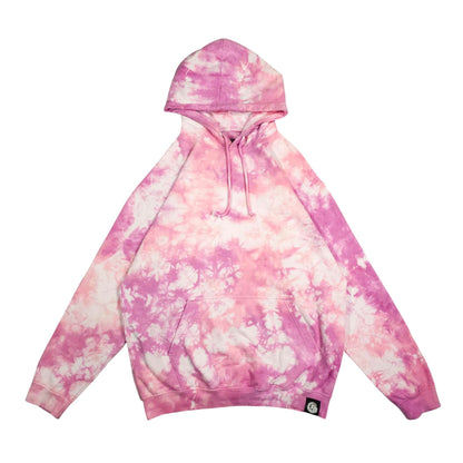 Pink tie-dye pullover hoodie with hood, drawstring and front pocket.