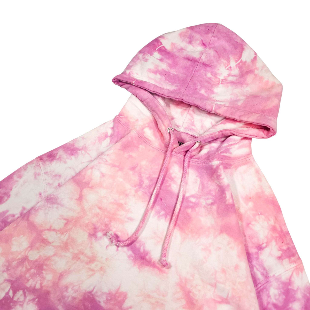 Pink tie-dye pullover hoodie close-up of hood with drawstring and neckline.