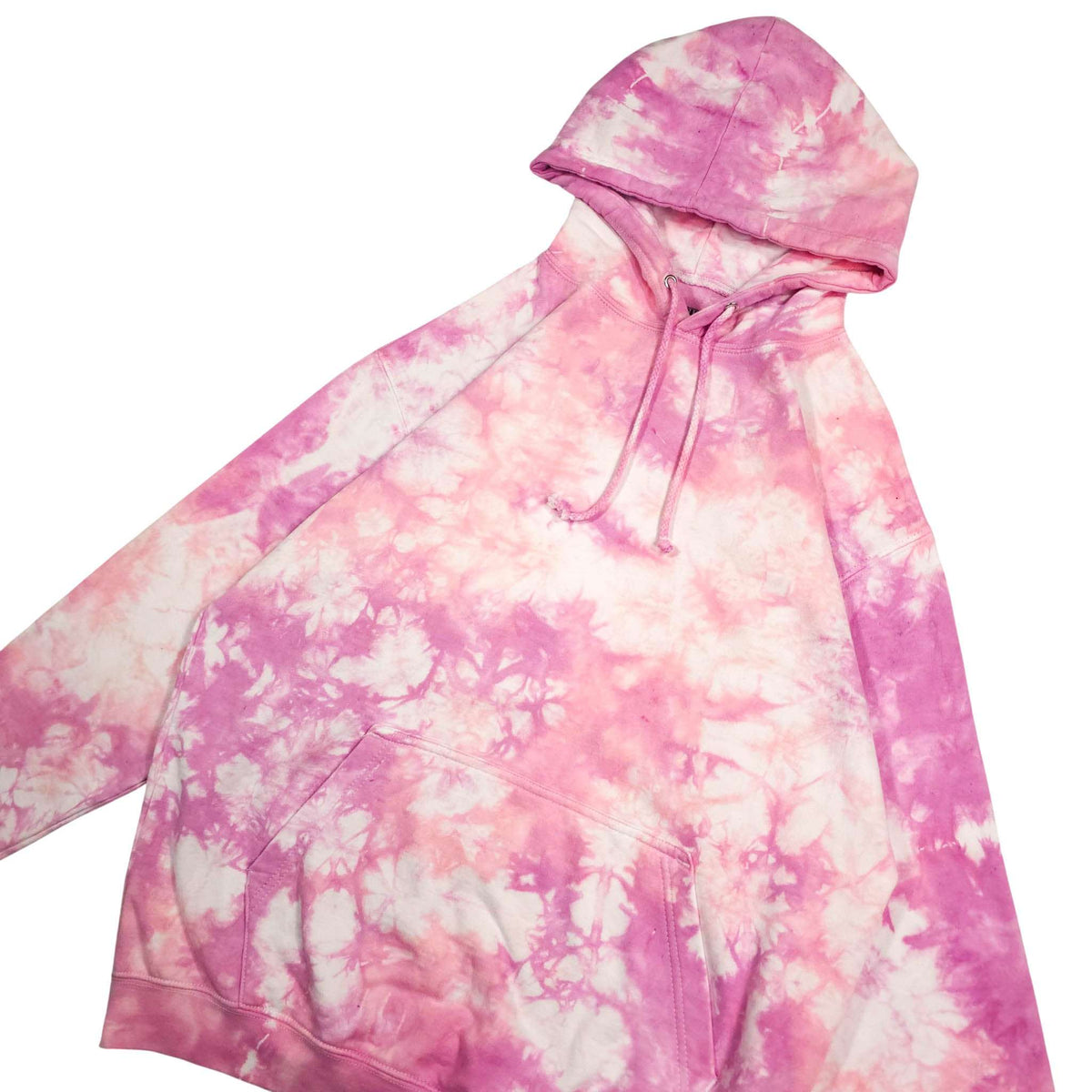 Pink tie-dye pullover hoodie, front view with hood, drawstring and pocket.