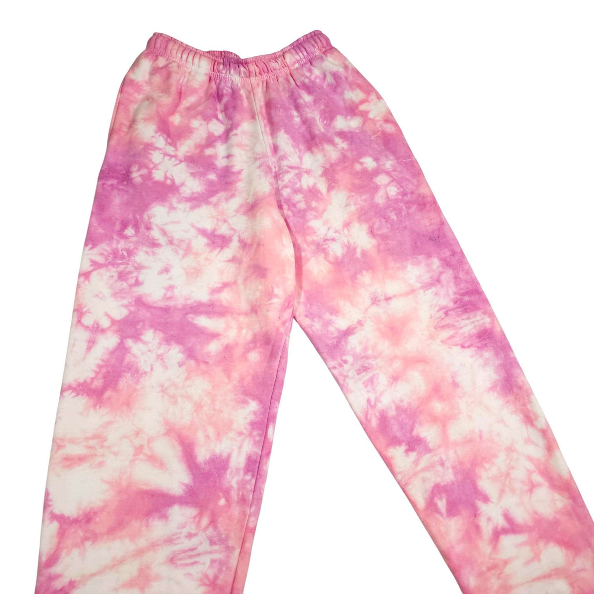 Pink tie-dye jogger pants with elastic waistband and straight-leg fit