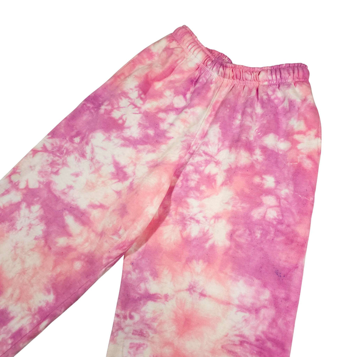 Pink tie-dye jogger pants with elastic waistband and ribbed cuffs