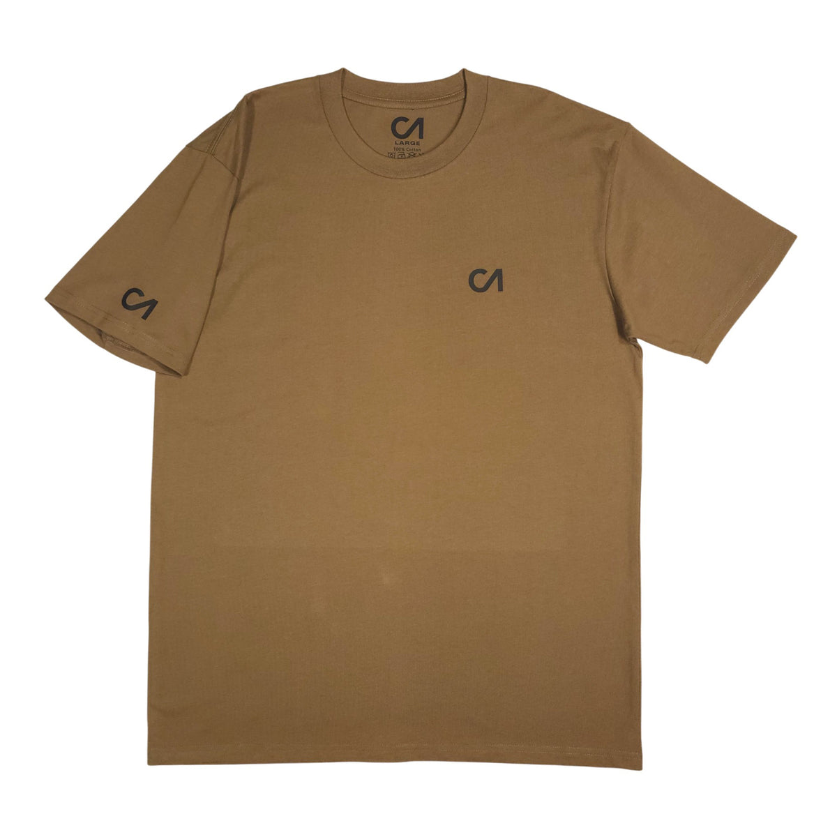 Brown crewneck t-shirt with small chest logo and matching sleeve logo