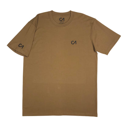 Brown crewneck t-shirt with small chest logo and matching sleeve logo