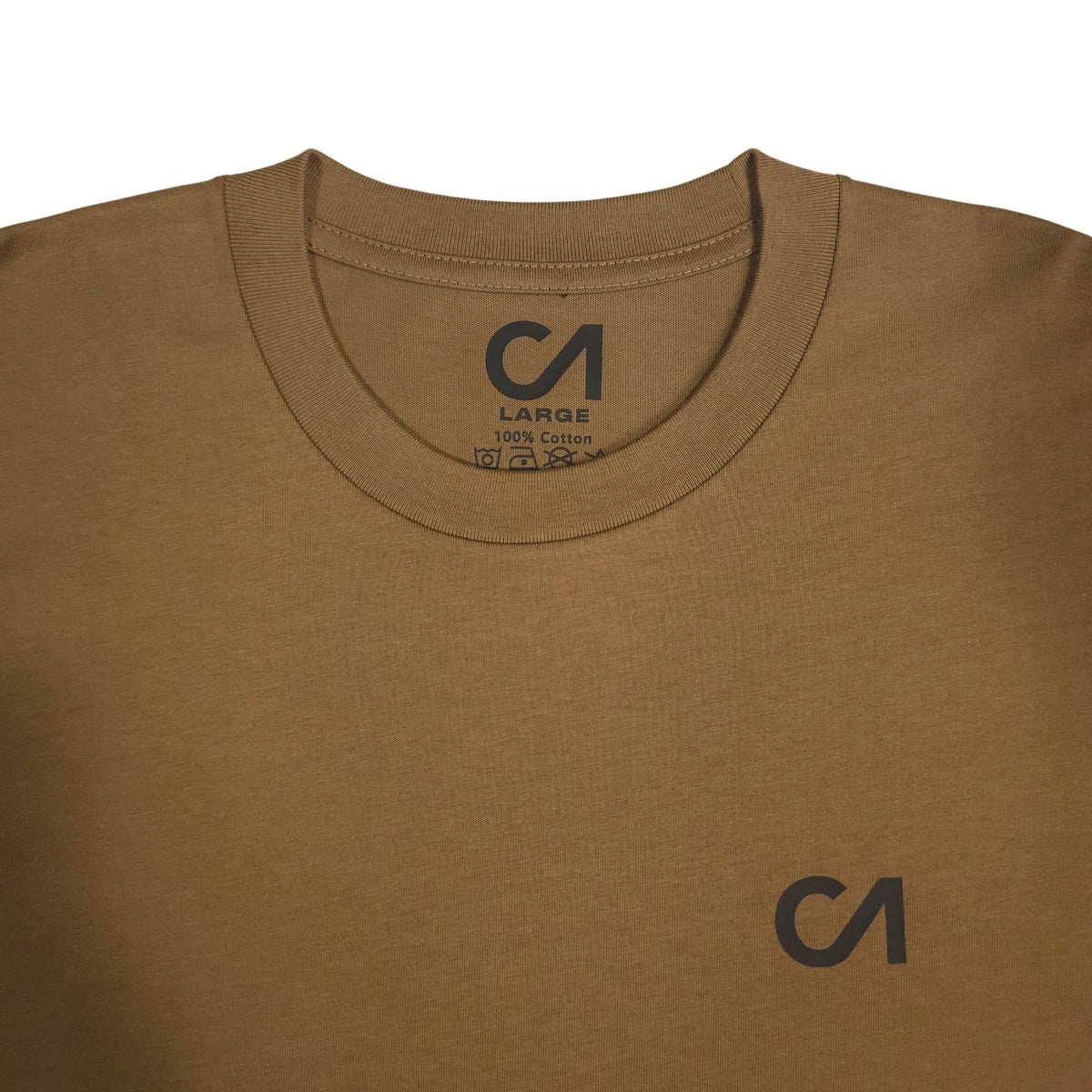 Brown crewneck t-shirt close-up with CA logo on chest and neck label