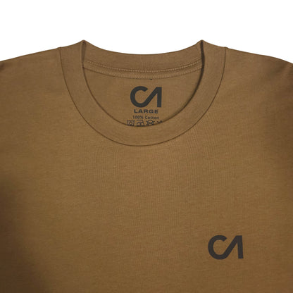 Brown crewneck t-shirt close-up with CA logo on chest and neck label