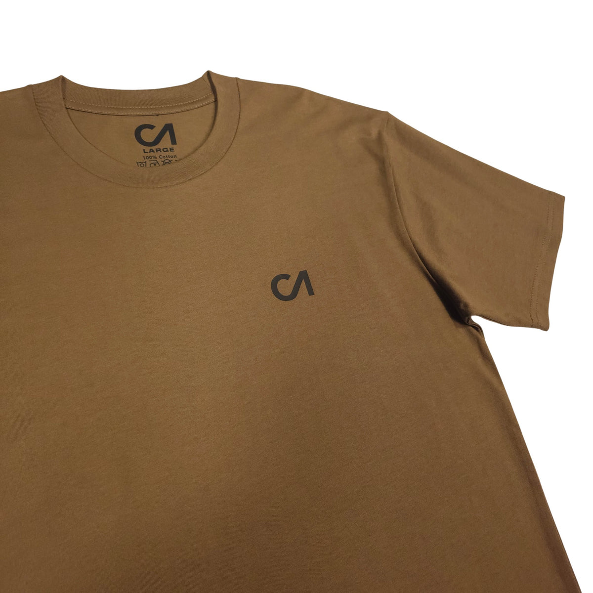 Brown crewneck t-shirt with small CA logo on chest, short sleeves