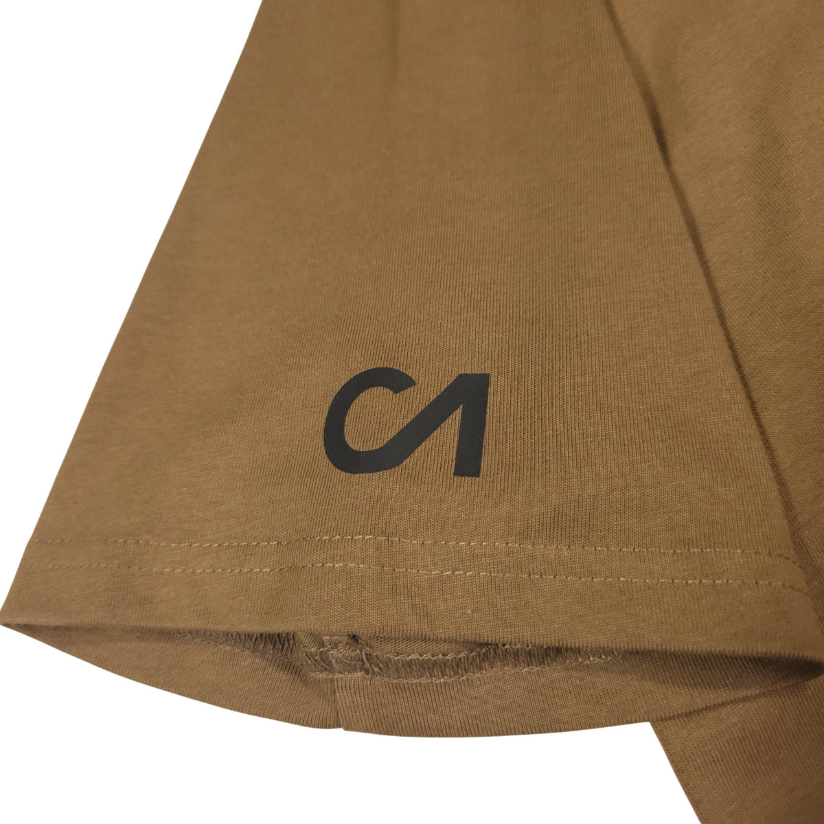 Brown t-shirt hem detail with CA logo and stitched bottom seam