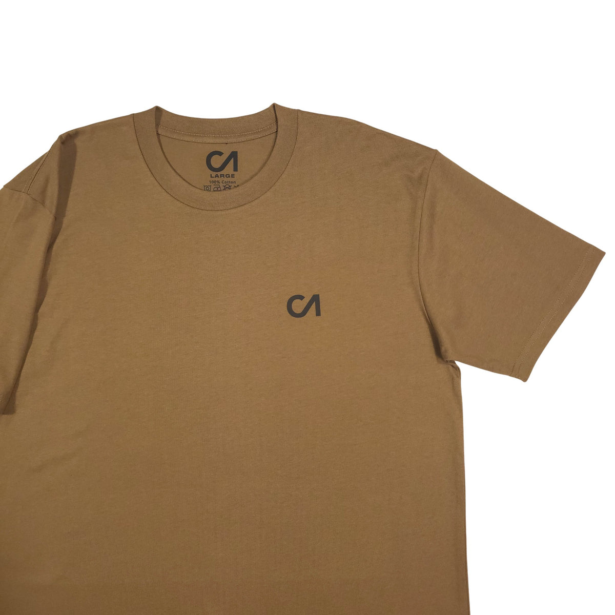Brown crewneck t-shirt with small chest CA logo and clean neckline