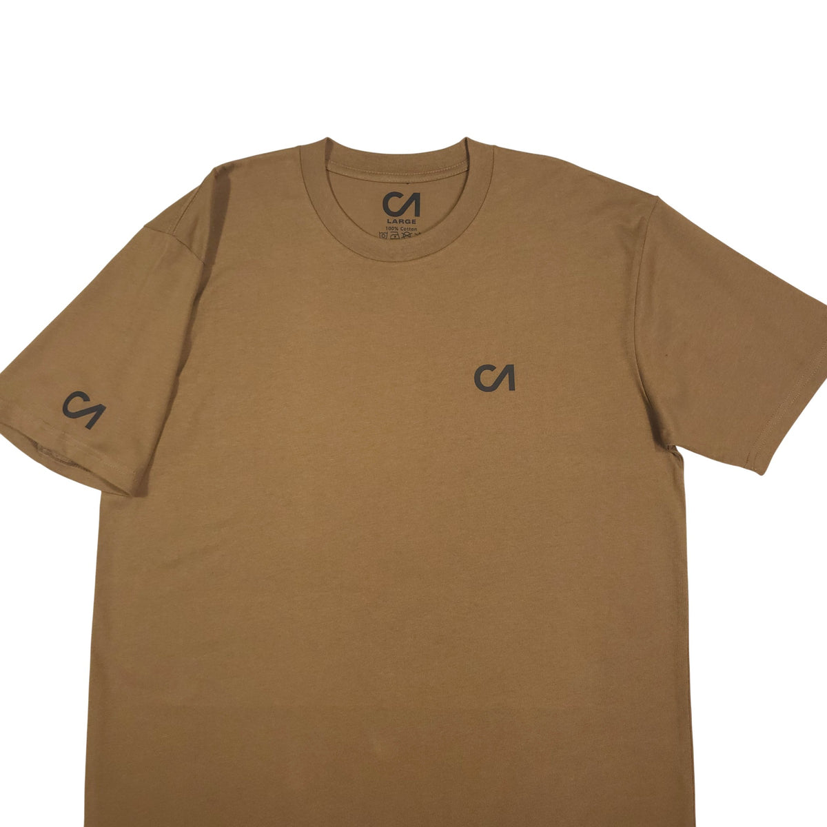 Brown crewneck t-shirt with left sleeve and chest CA logos