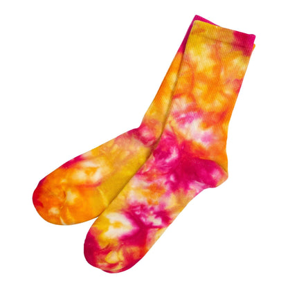 Fruit salad tie-dye crew socks with bright pink and orange patches