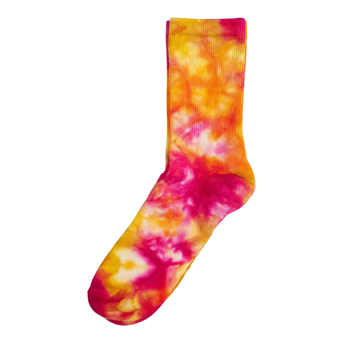 Fruit salad tie-dye crew socks, orange yellow and pink swirl pattern