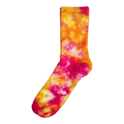 Fruit salad tie-dye crew socks, orange yellow and pink swirl pattern