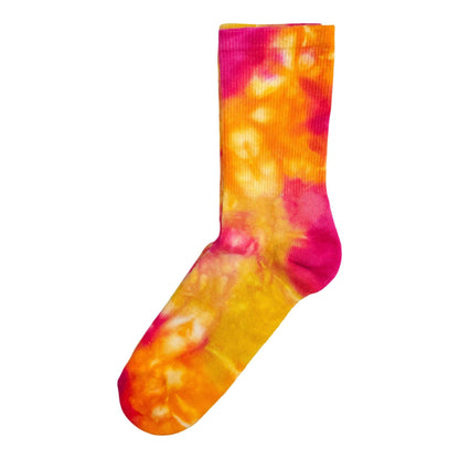 Single fruit salad tie-dye crew sock with orange-yellow and magenta bands