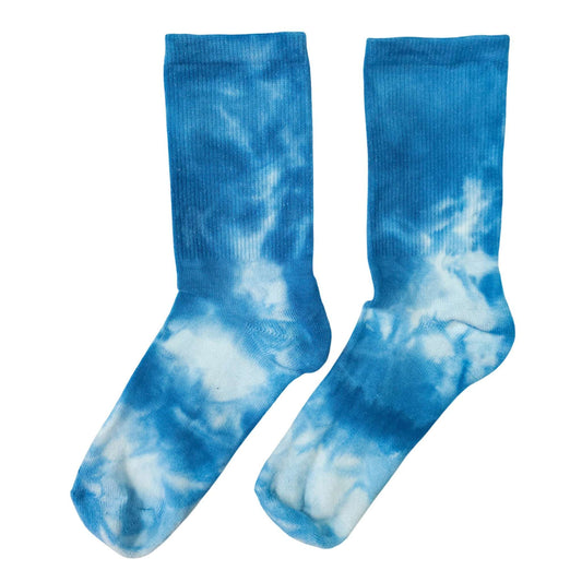 Blue tie-dye crew socks, ribbed cuffs and rounded toe
