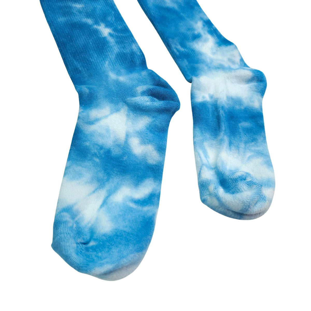 Two blue tie-dye crew socks, ribbed cuffs, cloud-like white swirls