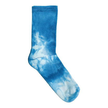Blue tie-dye crew sock with ribbed cuff and rounded toe