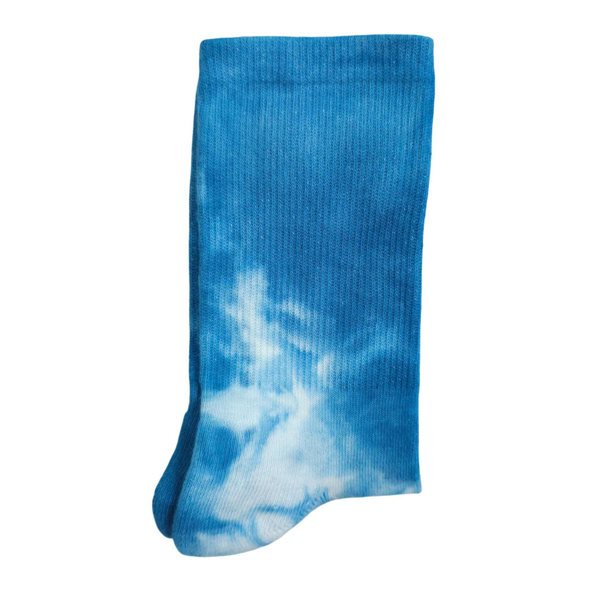 Single blue tie-dye crew sock with ribbed cuff and rounded toe