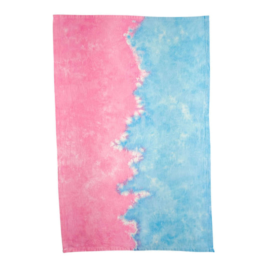 Tie-dye tea towel with pink and light-blue half-and-half swirl pattern