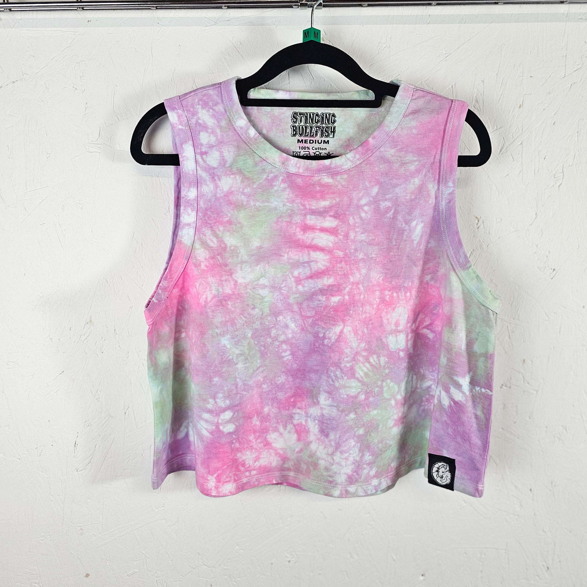 Pastel tie-dye crop vest, sleeveless crew neck, pink and mint swirl pattern