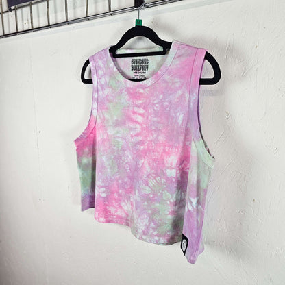 Pastel tie-dye sleeveless crop vest with crew neck, pink front and mint side panels