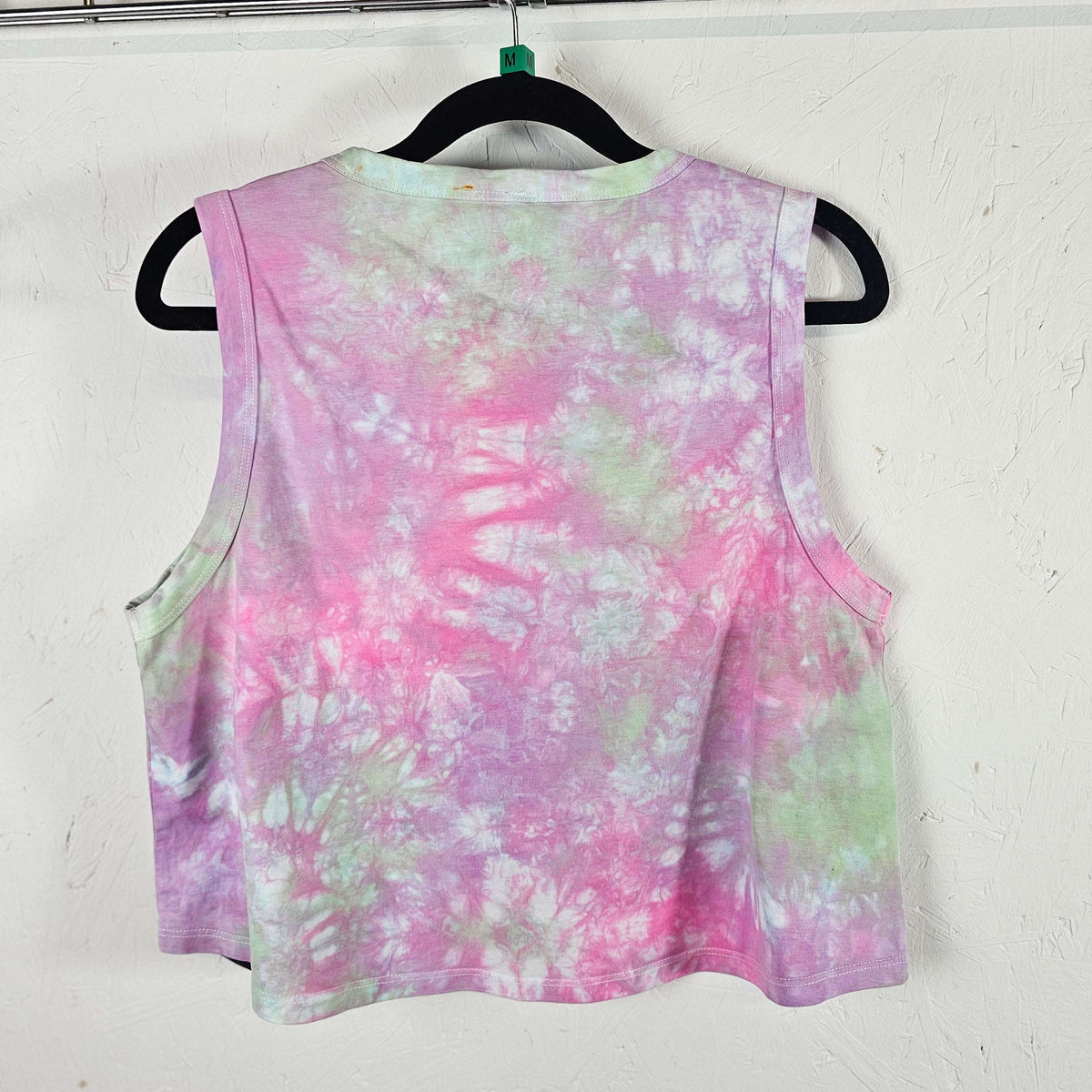 Tie-dye crop vest, sleeveless crew neck, pastel pink with mint accents across back