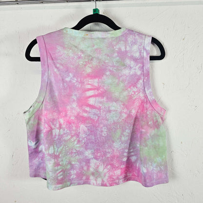 Tie-dye crop vest, sleeveless crew neck, pastel pink with mint accents across back