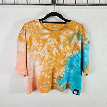 Orange, peach & blue tie-dye crop top, short-sleeve crew neck.