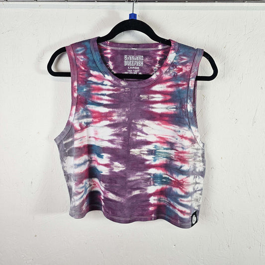 Sleeveless tie-dye crop vest with purple, pink, and blue swirl pattern
