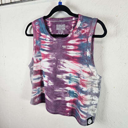 Sleeveless tie-dye crop vest in purple, white, red, and blue abstract swirls