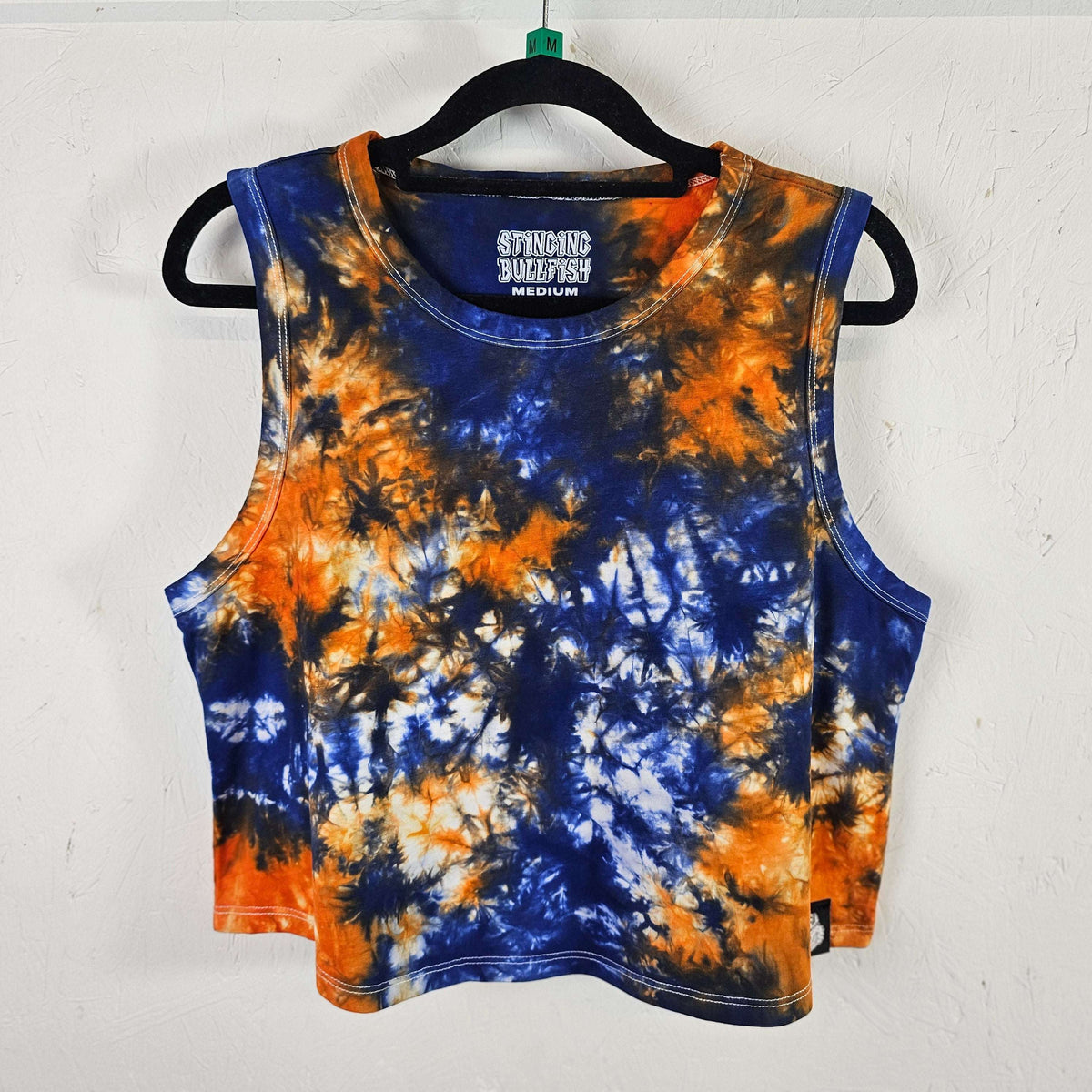 Blue and orange tie-dye crop vest, sleeveless crew neck