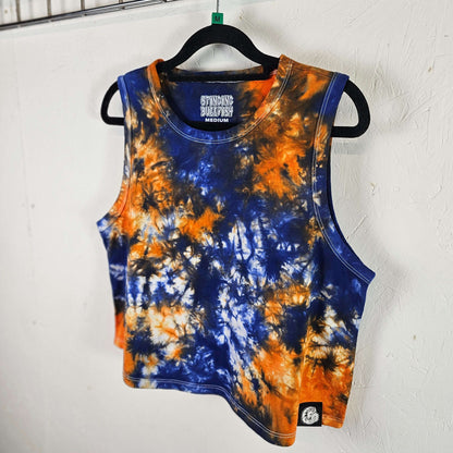 Blue and orange tie-dye crop vest, sleeveless crew neck with logo patch