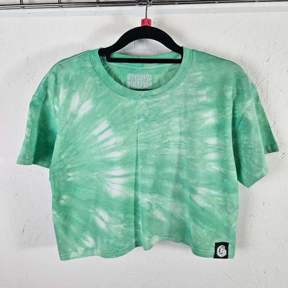 Mint green tie-dye crop top, crew neck, short sleeves; hem patch detail