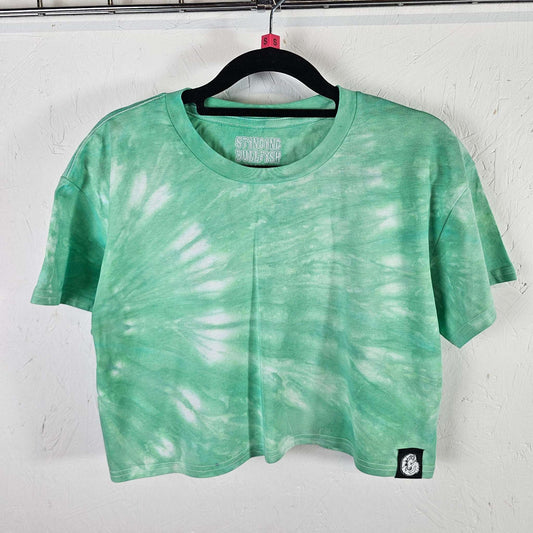 Mint green tie-dye crop top, crew neck, short sleeves; hem patch detail