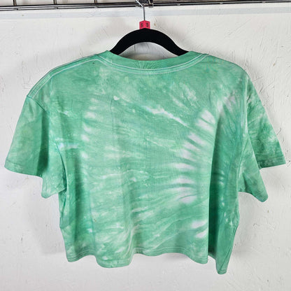Back of mint green tie-dye crop top with crew neck and short sleeves