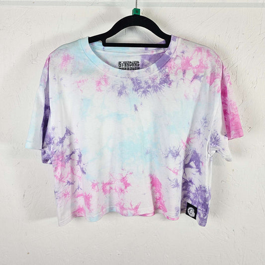 Pastel tie-dye crop top with short sleeves and crew neck, light blue, pink, purple