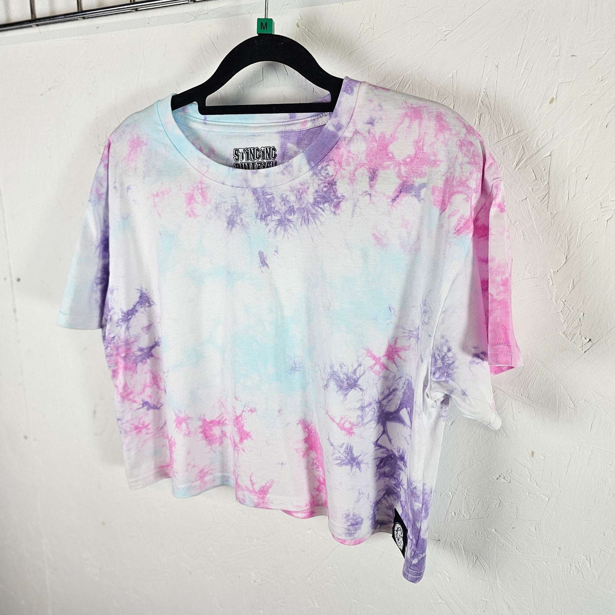Pastel tie-dye crop top, short sleeves, crew neck, light blue with pink and purple