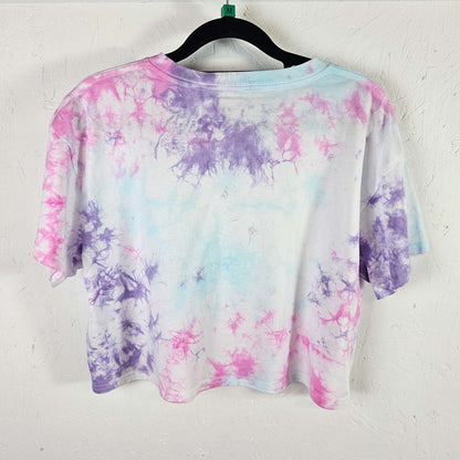 Pastel tie-dye crop top with short sleeves and crew neck, blue, pink, purple back