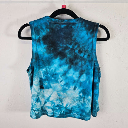 Blue tie-dye sleeveless crop vest with crew neck, back view