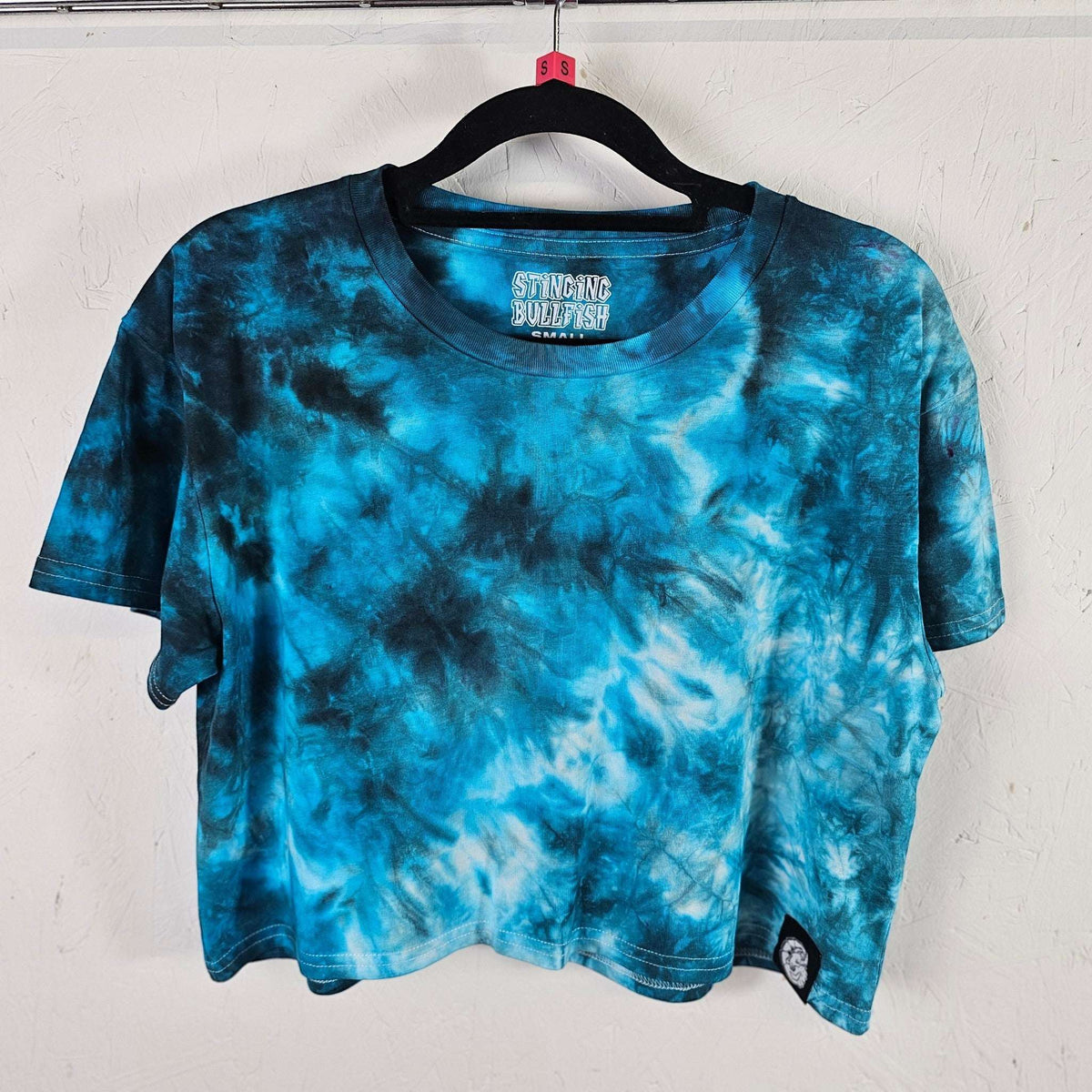 Blue tie-dye crop top with short sleeves and crew neck