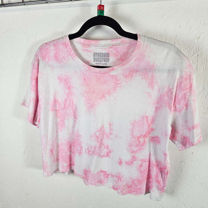 Pastel pink tie-dye crop top, crew neck short sleeves, draped front hem
