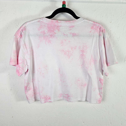 Pastel pink tie-dye crop top back view with crew neck and short sleeves