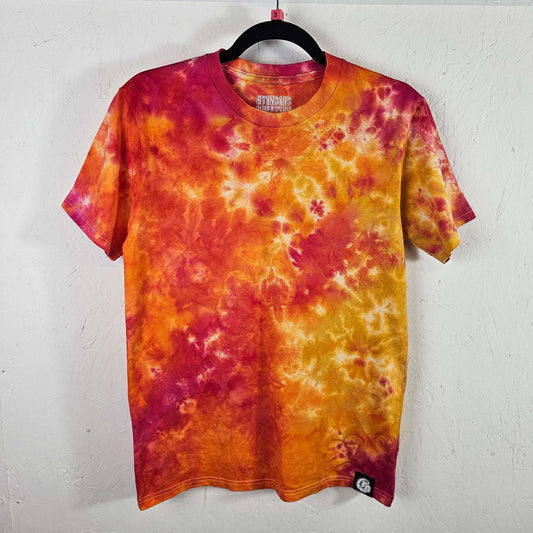 Fruit salad tie-dye t-shirt in orange, yellow, and burgundy, crew neck