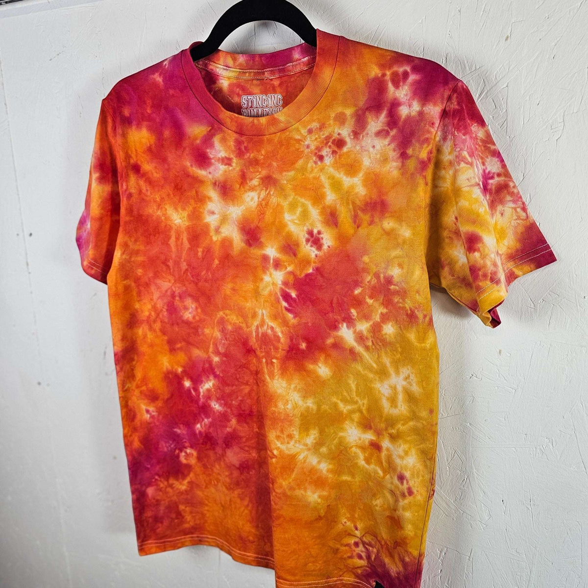 Fruit salad tie-dye t-shirt, orange and yellow swirl with burgundy accents, crew neck