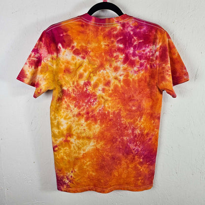Fruit salad tie-dye t-shirt, multicolor back with orange, yellow, and burgundy swirls