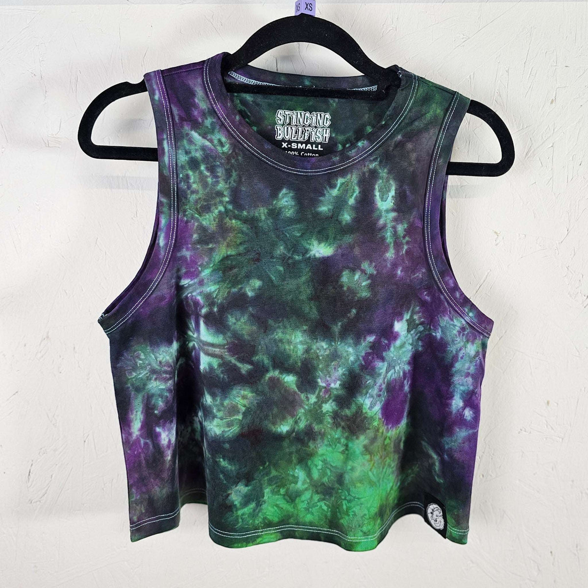 Jelly Venom tie-dye crop vest, sleeveless crew neck, purple & green spiral