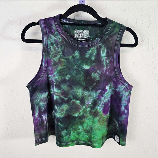 Jelly Venom tie-dye crop vest, sleeveless crew neck, purple & green spiral